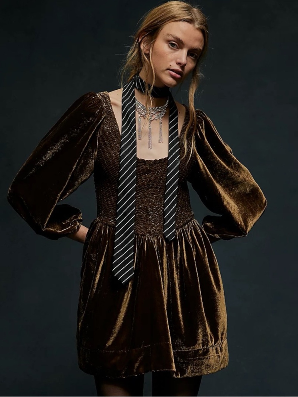 Free People Farrier Velvet Mini Dress in Brown Bear Size Small Holidays Winter - Picture 6 of 12